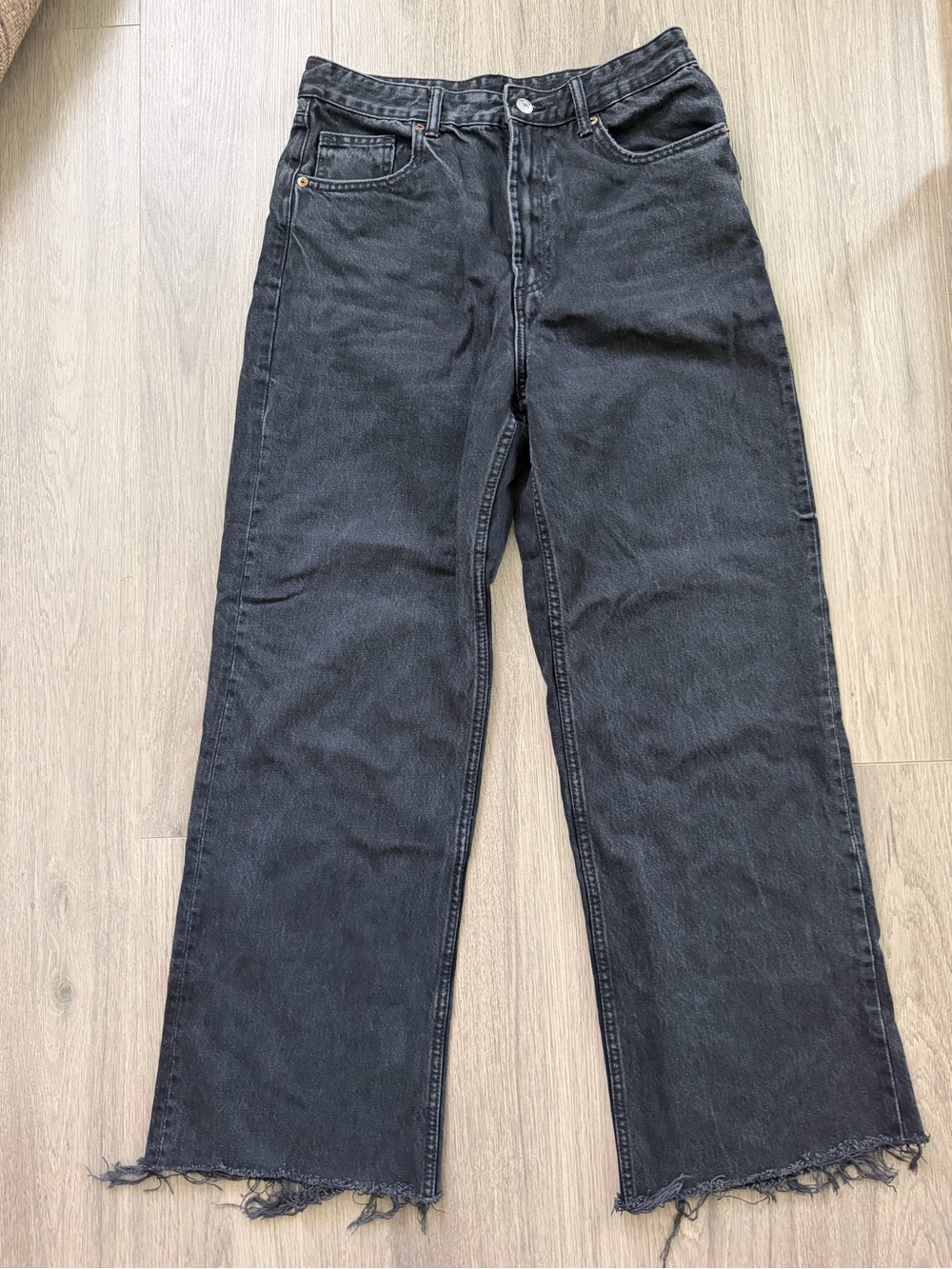 Zara High Waisted Black Wide-Leg Raw Hem Jeans
